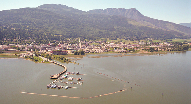 The town of Salmon Arm looking south - the lake is dirty due to high water